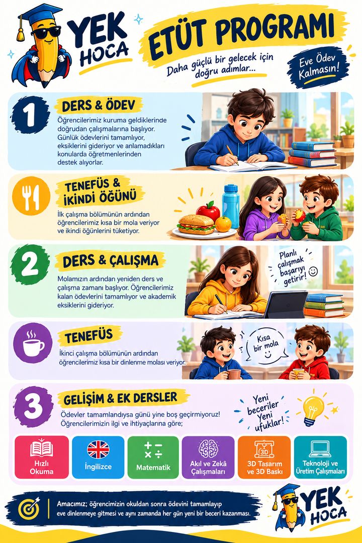 Yek Hoca Etüt Programı afişi (çizim): 1 Ders ve Ödev, Teneffüs ve İkindi Öğünü, 2 Ders ve Çalışma, Teneffüs, 3 Gelişim ve Ek Dersler — Hızlı Okuma, İngilizce, Matematik, Akıl ve Zekâ Çalışmaları, 3D Tasarım ve 3D Baskı, Teknoloji ve Üretim Çalışmaları